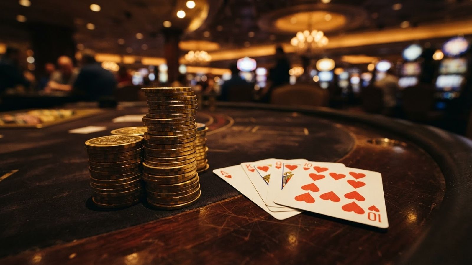 Pièces dorées et cartes de jeu disposées
