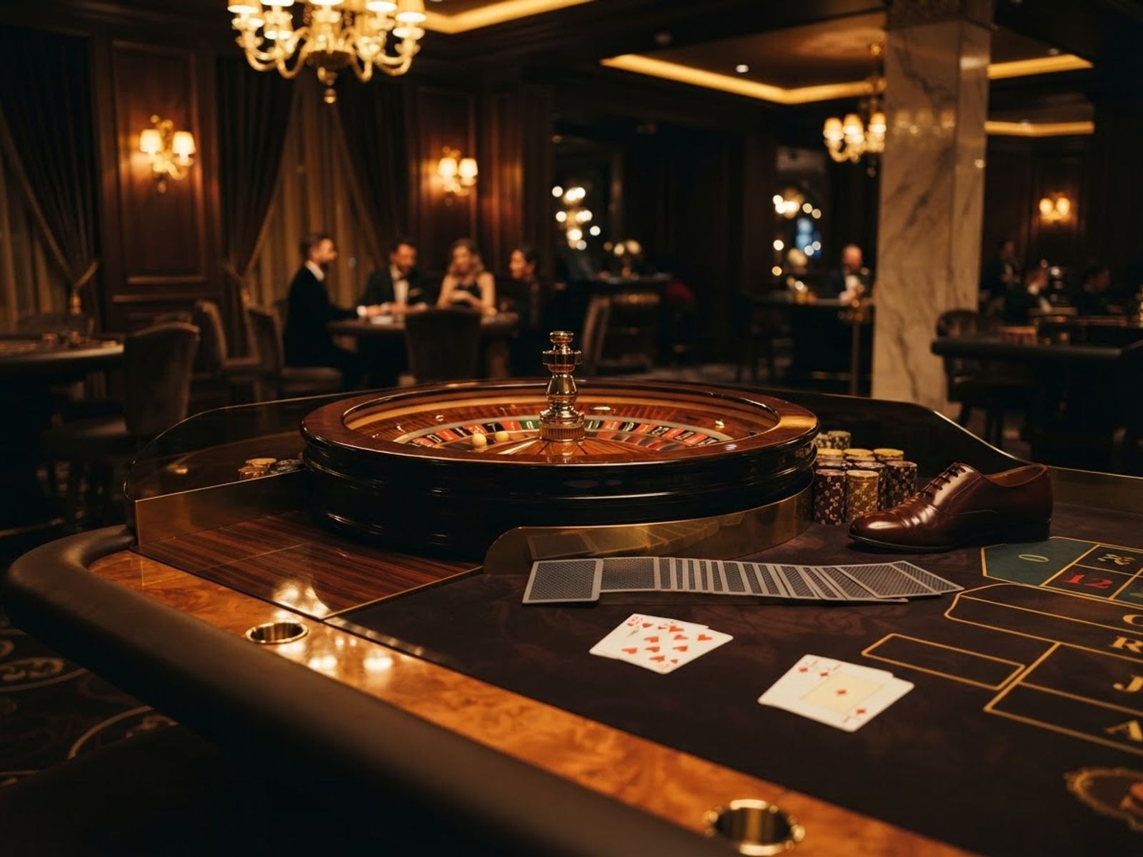 Table de casino avec roulette et cartes